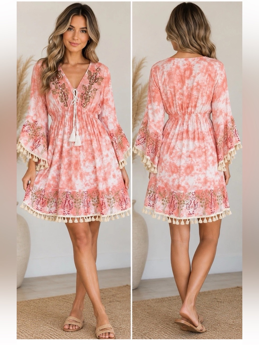 Sacred Threads S/M Coral Tie Dye Boho Dress Beaded Bell Sleeve Tassel NWT